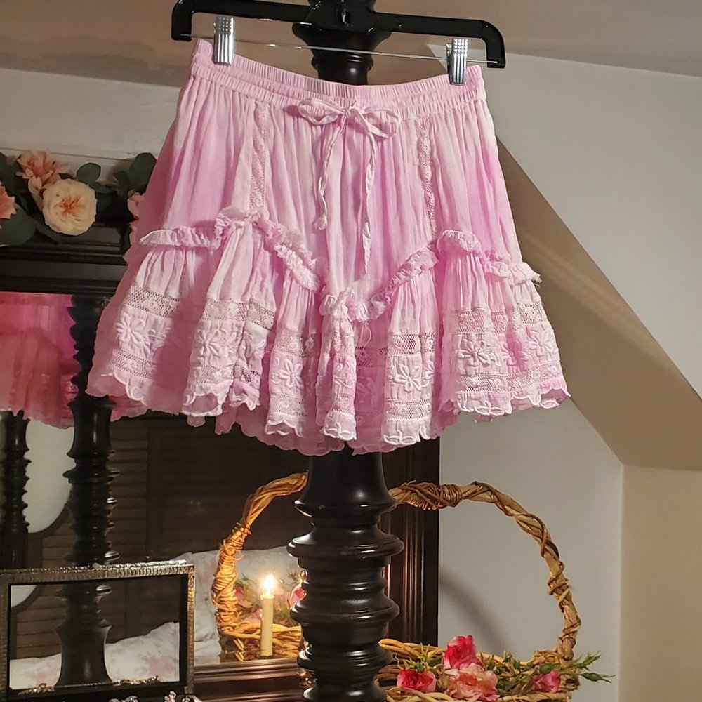LoveShackFancy Mini Skirt in Pink Tie-Dye XXS